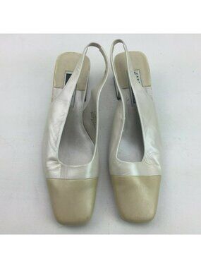 Caressa Womens Two-Tone Cream & Beige Leather Slingback Square-Toe Shoes Size 9